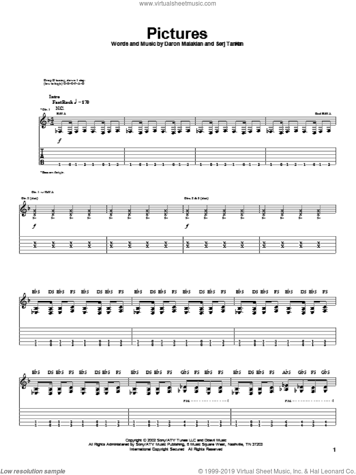 Pictures sheet music for guitar (tablature) by System Of A Down, Daron Malakian and Serj Tankian, intermediate skill level
