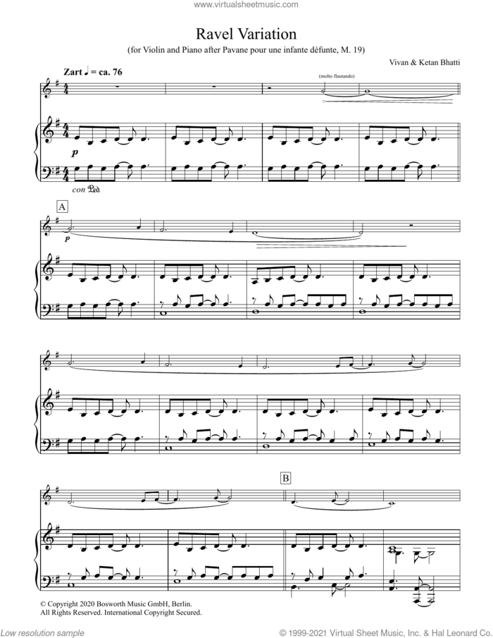 Ravel Variation sheet music for violin and piano by Maurice Ravel, Ketan & Vivan Bhatti, Ketan Bhatti and Vivan Bhatti, classical score, intermediate skill level