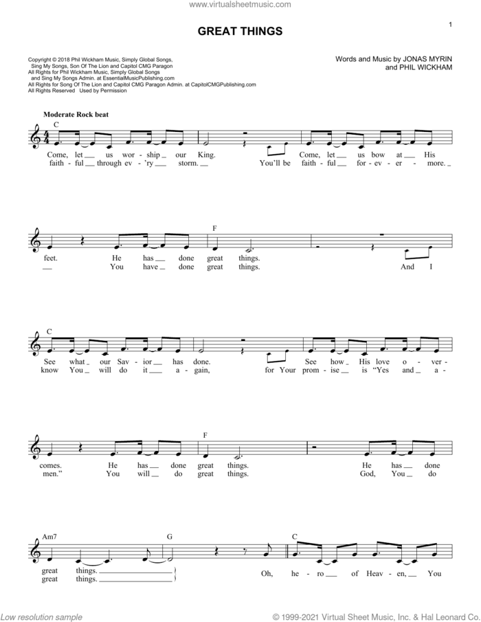 Great Things sheet music for voice and other instruments (fake book) by Phil Wickham and Jonas Myrin, intermediate skill level