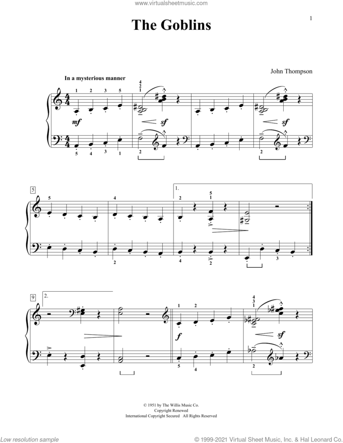 The Goblins sheet music for piano solo (elementary) by John Thompson, beginner piano (elementary)
