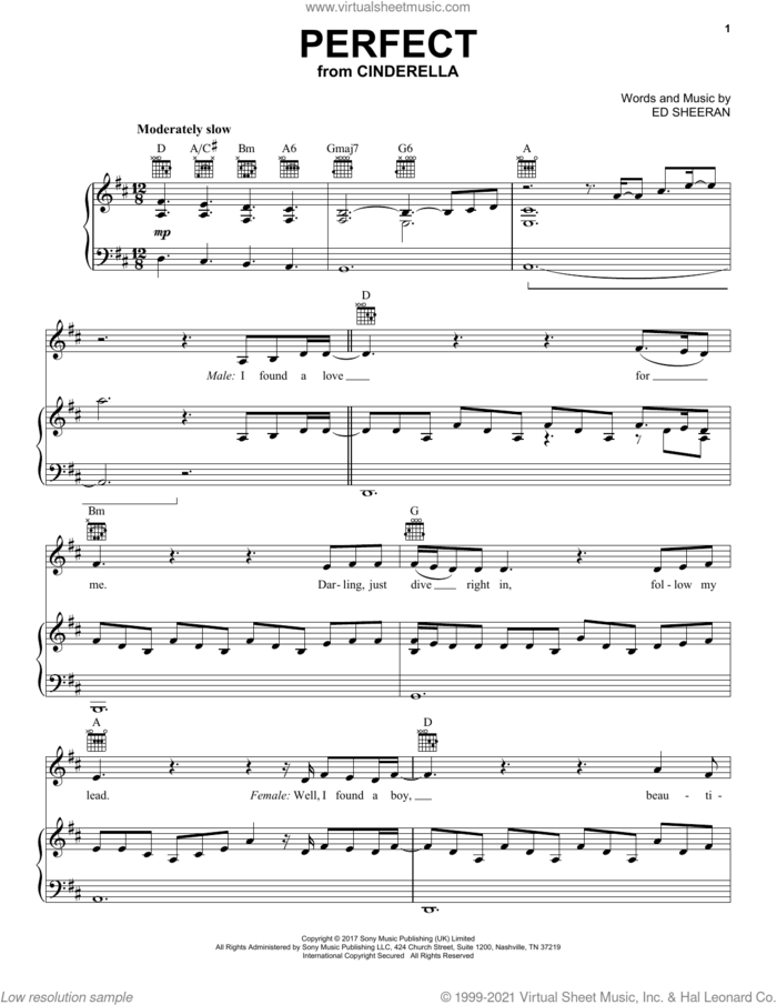 Perfect (from the Amazon Original Movie Cinderella) sheet music for voice, piano or guitar by Camila Cabello and Nicholas Galitzine and Ed Sheeran, intermediate skill level
