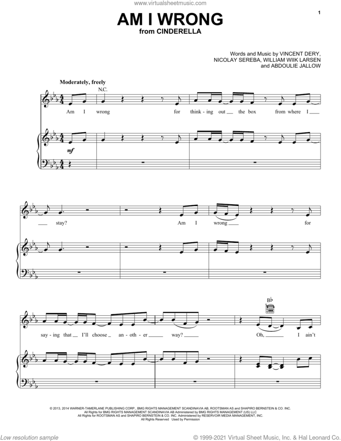 Am I Wrong (from the Amazon Original Movie Cinderella) sheet music for voice, piano or guitar by Camila Cabello, Nicholas Galitzine and Idina Menzel, Nico & Vinz, Abdoulie Jallow, Nicolay Sereba, Vincent Dery and William Larsen, intermediate skill level