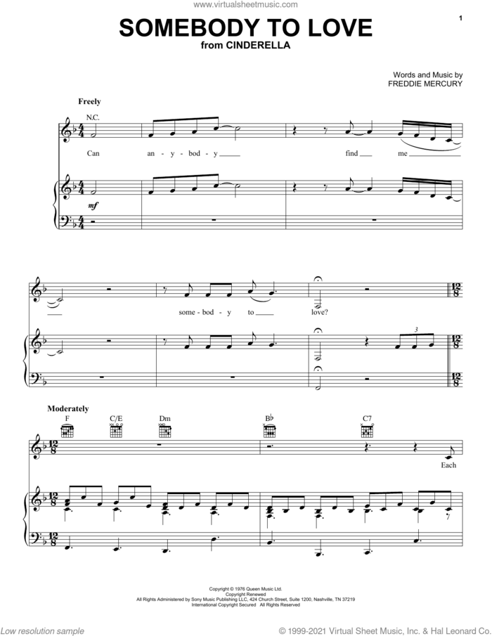 Somebody To Love (from the Amazon Original Movie Cinderella) sheet music for voice, piano or guitar by Nicholas Galitzine, Queen and Freddie Mercury, intermediate skill level