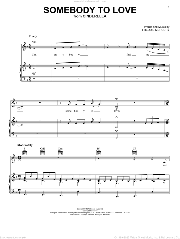 Somebody To Love (from the Amazon Original Movie Cinderella) sheet music for voice, piano or guitar by Nicholas Galitzine, Queen and Freddie Mercury, intermediate skill level