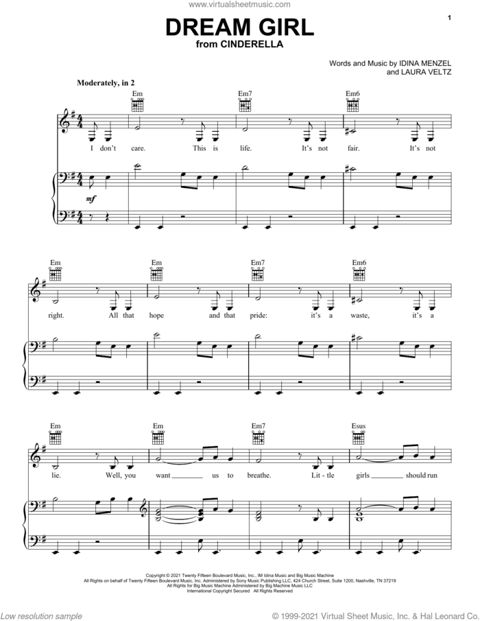 Dream Girl (from the Amazon Original Movie Cinderella) sheet music for voice, piano or guitar by Idina Menzel and Laura Veltz, intermediate skill level