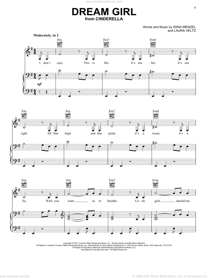 Dream Girl (from the Amazon Original Movie Cinderella) sheet music for voice, piano or guitar by Idina Menzel and Laura Veltz, intermediate skill level