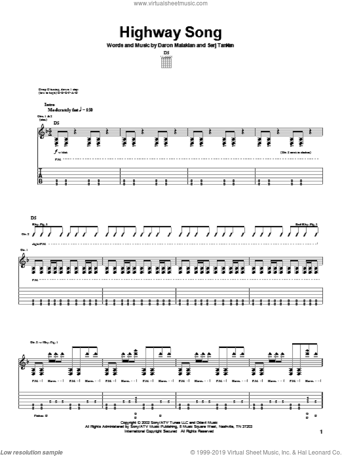 Highway Song sheet music for guitar (tablature) by System Of A Down, Daron Malakian and Serj Tankian, intermediate skill level