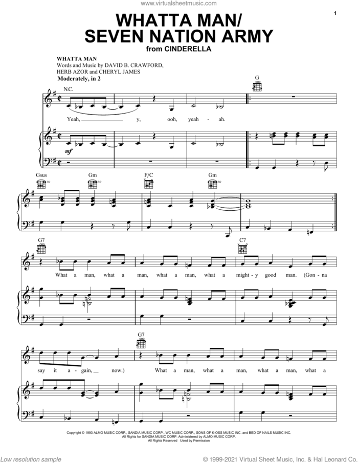 Whatta Man / Seven Nation Army (from the Amazon Original Movie Cinderella) sheet music for voice, piano or guitar by Nicholas Galitzine, Cheryl James, David B. Crawford and Herb Azor, intermediate skill level