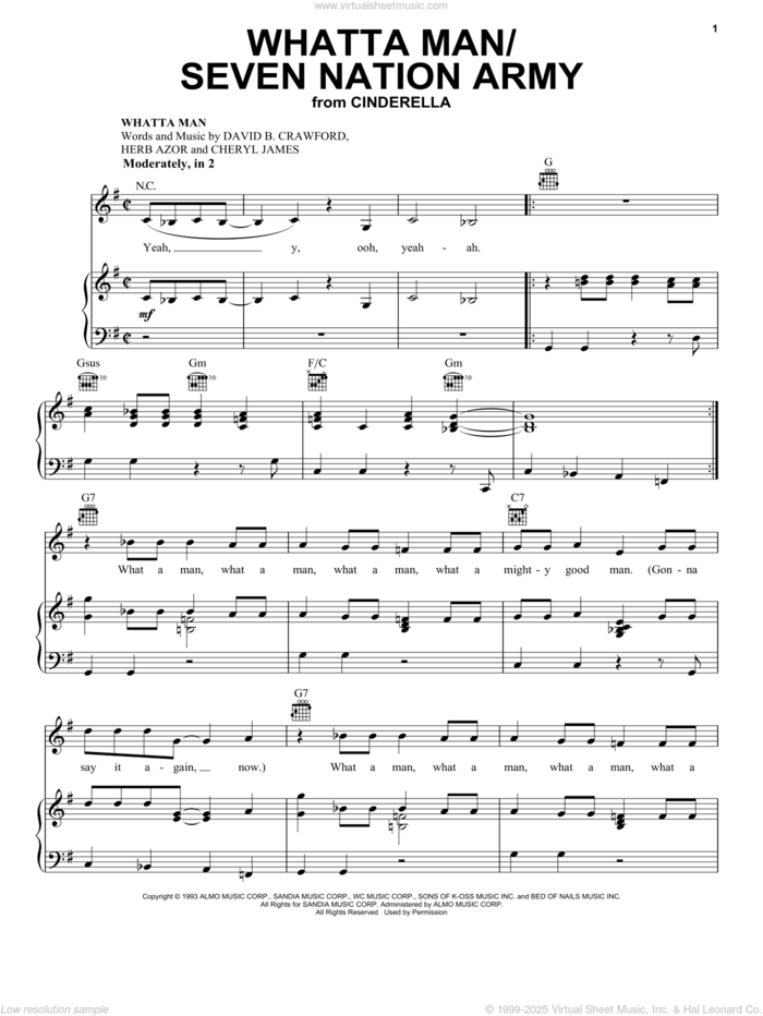 Whatta Man / Seven Nation Army (from the Amazon Original Movie Cinderella) sheet music for voice, piano or guitar by Nicholas Galitzine, Cheryl James, David B. Crawford and Herb Azor, intermediate skill level