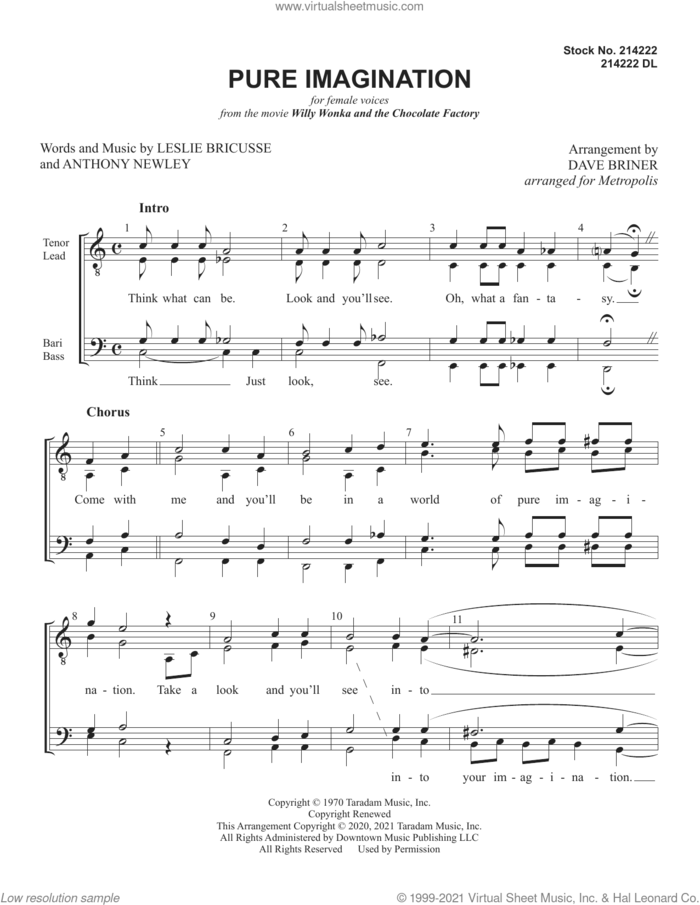 Pure Imagination (arr. Dave Briner) sheet music for choir (SSAA: soprano, alto) by Metropolis, Dave Briner, Anthony Newley and Leslie Bricusse, intermediate skill level