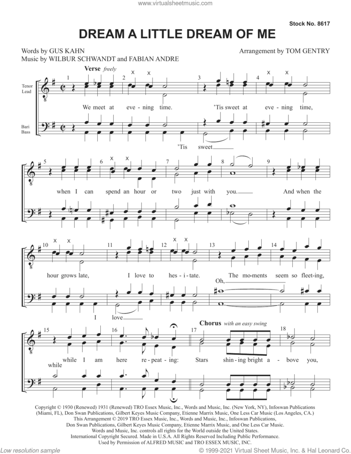 Dream a Little Dream of Me (arr. Tom Gentry) sheet music for choir (TTBB: tenor, bass) by Gus Kahn, Tom Gentry, Fabian Andree and Wilbur Schwandt, intermediate skill level