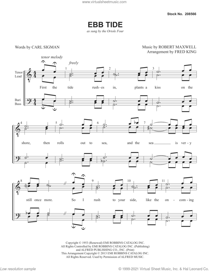 Ebb Tide (arr. Fred King) sheet music for choir (TTBB: tenor, bass) by The Oriole Four, Fred King, Carl Sigman and Robert Maxwell, intermediate skill level
