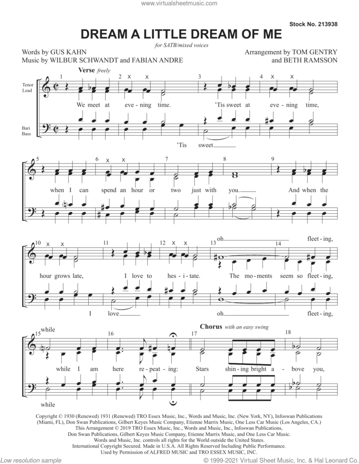 Dream a Little Dream of Me (arr. Tom Gentry and Beth Ramsson) sheet music for choir (SATB: soprano, alto, tenor, bass) by Gus Kahn, Beth Ramsson, Tom Gentry, Fabian Andree and Wilbur Schwandt, intermediate skill level
