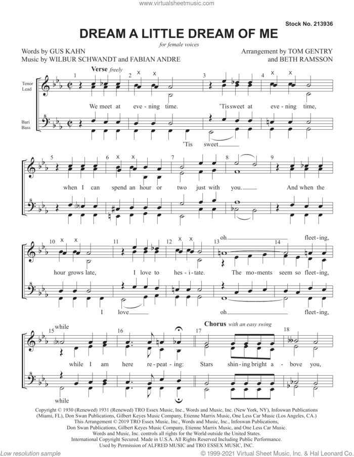 Dream a Little Dream of Me (arr. Tom Gentry and Beth Ramsson) sheet music for choir (SSAA: soprano, alto) by Gus Kahn, Beth Ramsson, Tom Gentry, Wilbur Schwandt and Fabian Andree, intermediate skill level