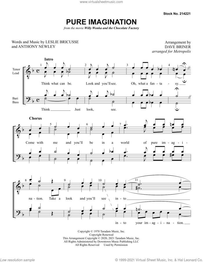 Pure Imagination (arr. Dave Briner) sheet music for choir (TTBB: tenor, bass) by Metropolis, Dave Briner, Anthony Newley and Leslie Bricusse, intermediate skill level