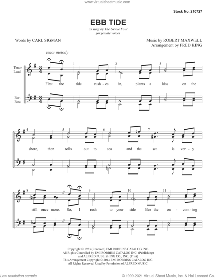 Ebb Tide (arr. Fred King) sheet music for choir (SSAA: soprano, alto) by The Oriole Four, Fred King, Carl Sigman and Robert Maxwell, intermediate skill level