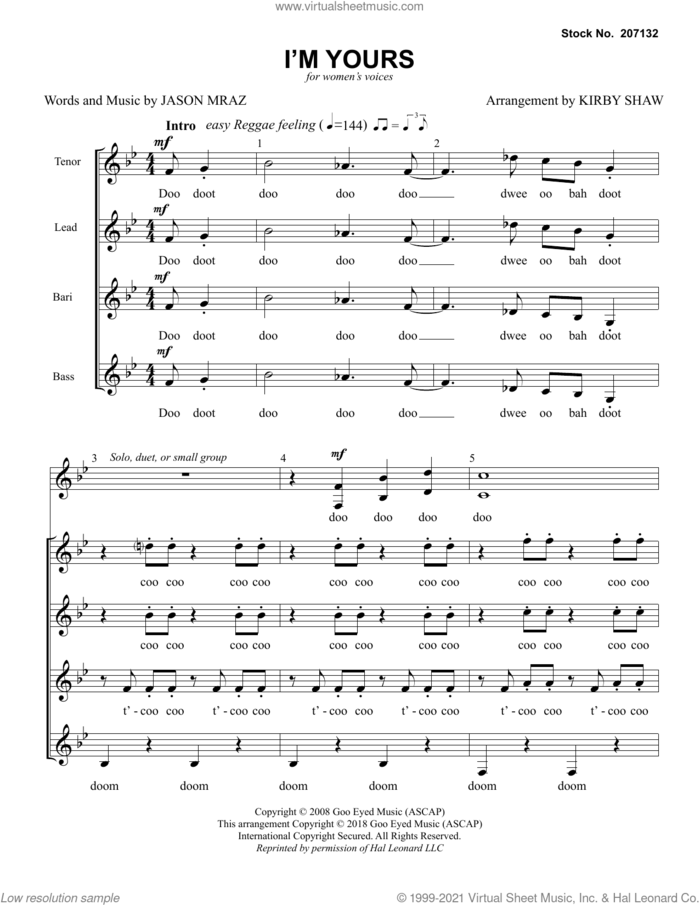 I'm Yours (arr. Kirby Shaw) sheet music for choir (SSAA: soprano, alto) by Jason Mraz and Kirby Shaw, intermediate skill level