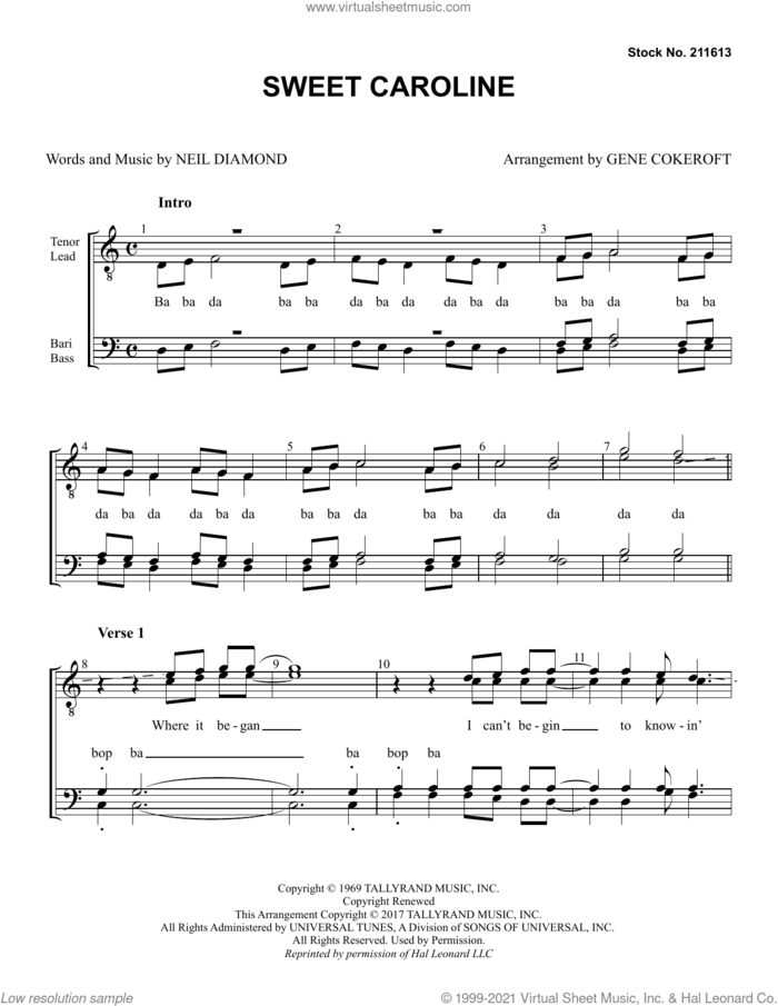 Sweet Caroline (arr. Gene Cokeroft) sheet music for choir (TTBB: tenor, bass) by Neil Diamond and Gene Cokeroft, intermediate skill level