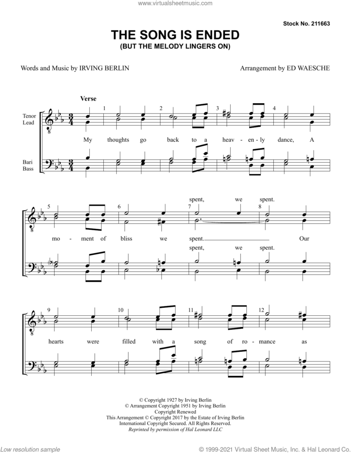 The Song Is Ended (But the Melody Lingers On) (arr. Ed Waesche) sheet music for choir (TTBB: tenor, bass) by Irving Berlin and Ed Waesche, intermediate skill level