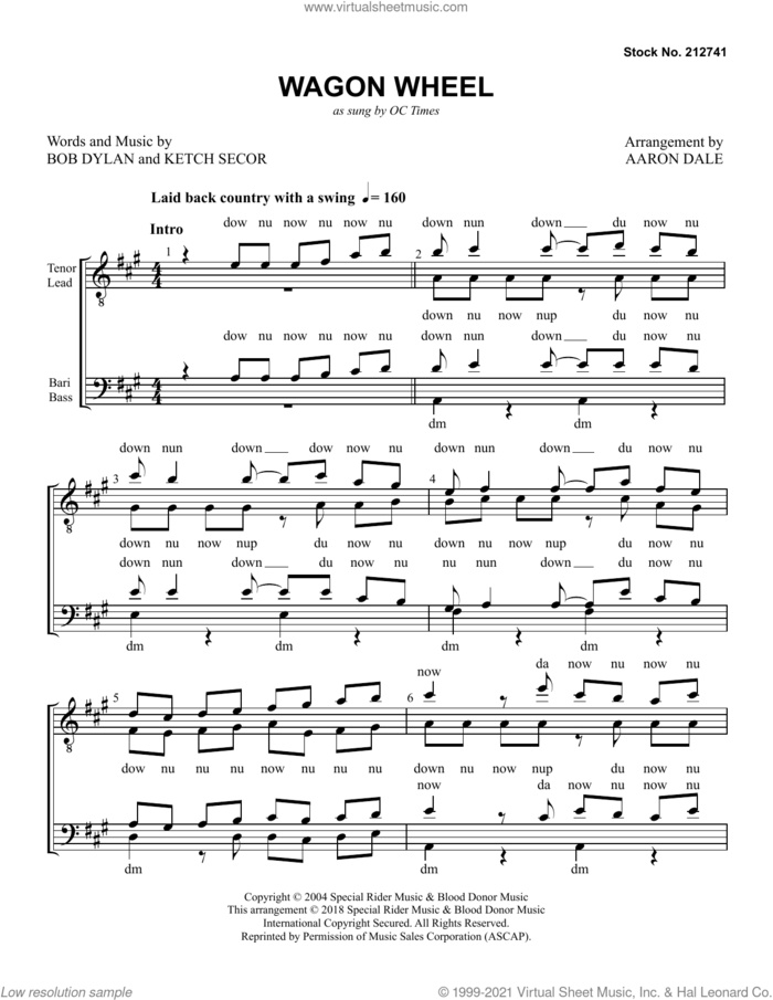 Wagon Wheel (arr. Aaron Dale) sheet music for choir (TTBB: tenor, bass) by OC Times, Aaron Dale, Bob Dylan and Ketch Secor, intermediate skill level