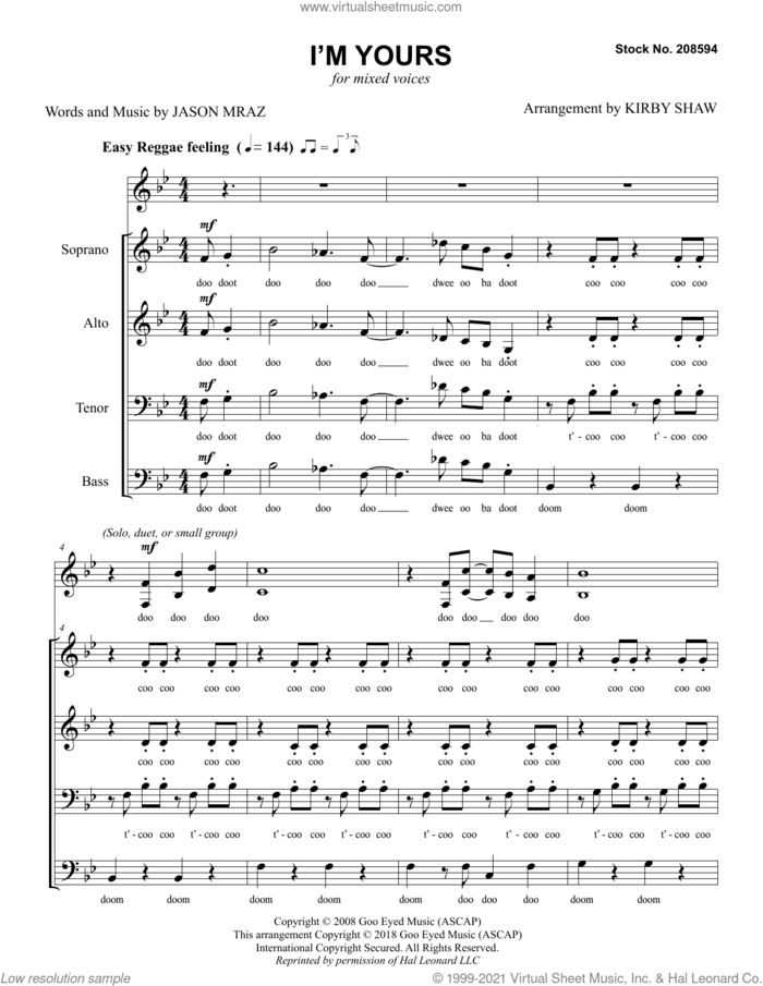 I'm Yours (arr. Kirby Shaw) sheet music for choir (SATB: soprano, alto, tenor, bass) by Jason Mraz and Kirby Shaw, intermediate skill level