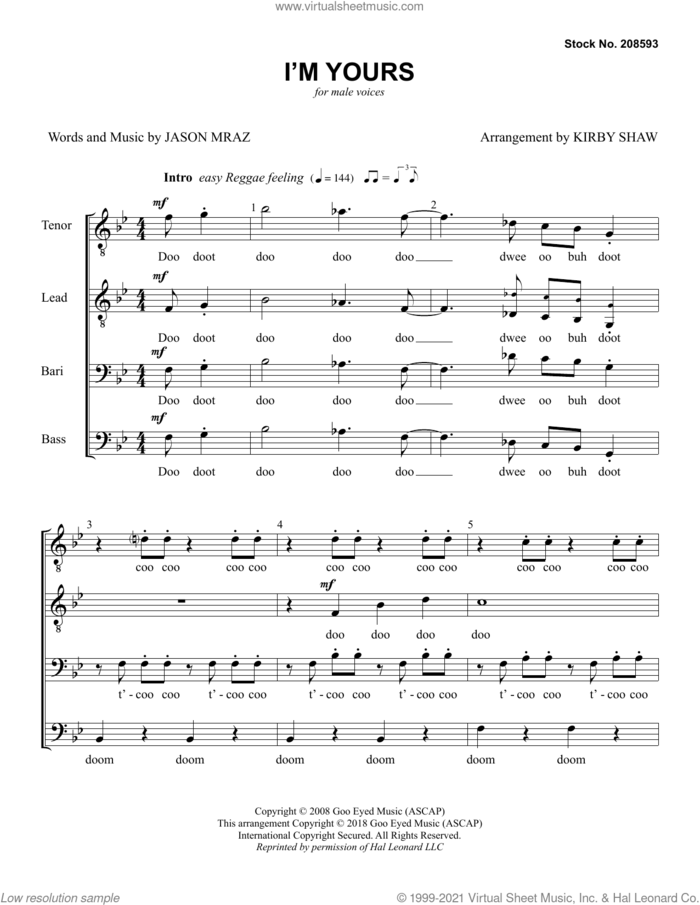I'm Yours (arr. Kirby Shaw) sheet music for choir (TTBB: tenor, bass) by Jason Mraz and Kirby Shaw, intermediate skill level