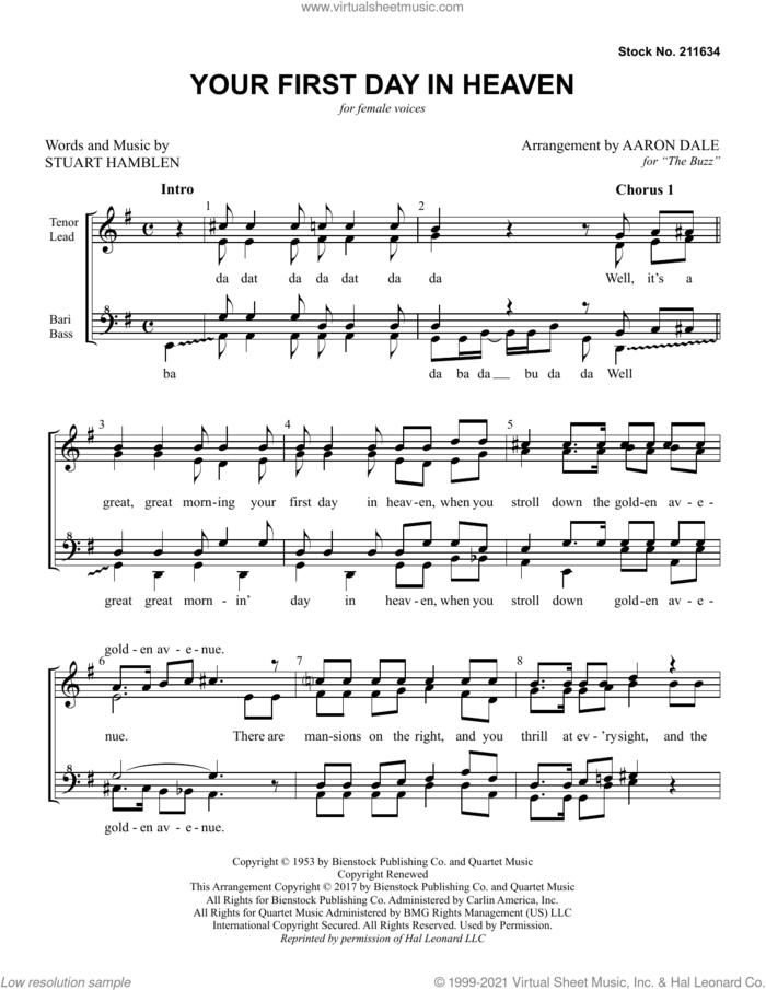 Your First Day in Heaven (arr. Aaron Dale) sheet music for choir (SSAA: soprano, alto) by The Buzz, Aaron Dale and Stuart Hamblen, intermediate skill level