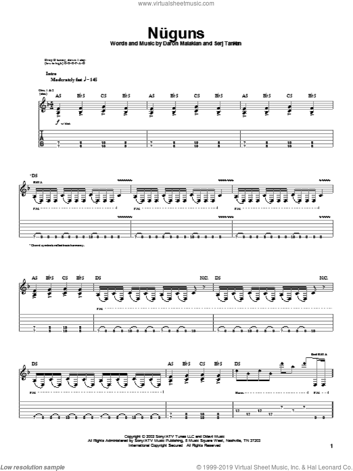 Nuguns sheet music for guitar (tablature) by System Of A Down, Daron Malakian and Serj Tankian, intermediate skill level