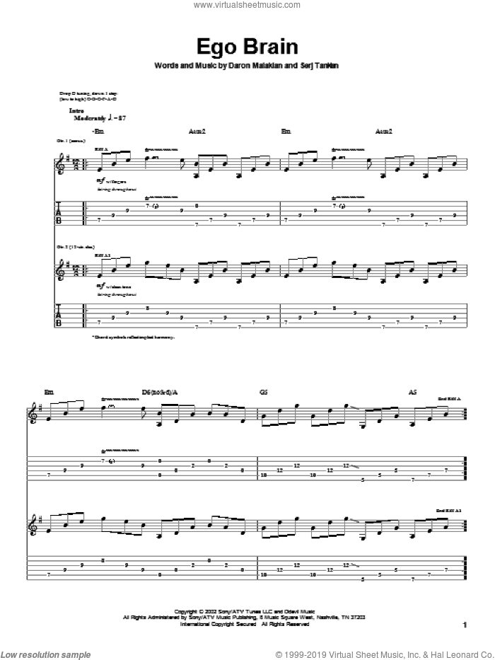 Ego Brain sheet music for guitar (tablature) by System Of A Down, Daron Malakian and Serj Tankian, intermediate skill level