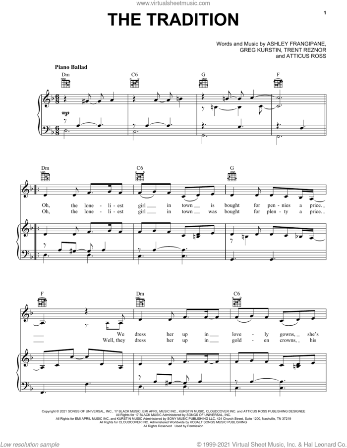 The Tradition sheet music for voice, piano or guitar by Halsey, Ashley Frangipane, Atticus Ross, Greg Kurstin and Trent Reznor, intermediate skill level