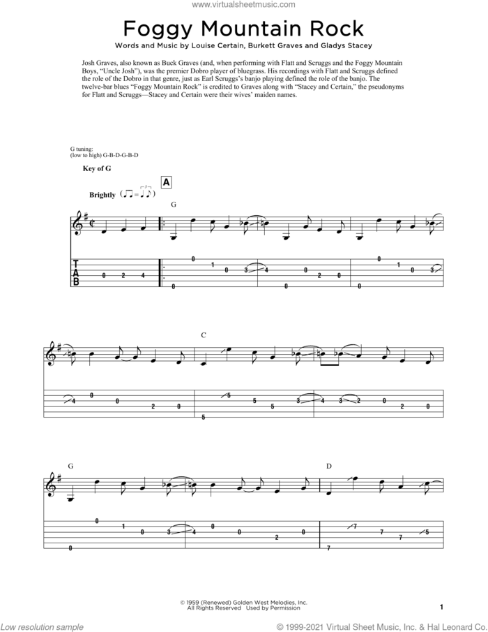 Foggy Mountain Rock (arr. Fred Sokolow) sheet music for dobro solo by Earl Scruggs, Fred Sokolow, Burkett Graves, Gladys Stacey and Louise Certain, easy skill level