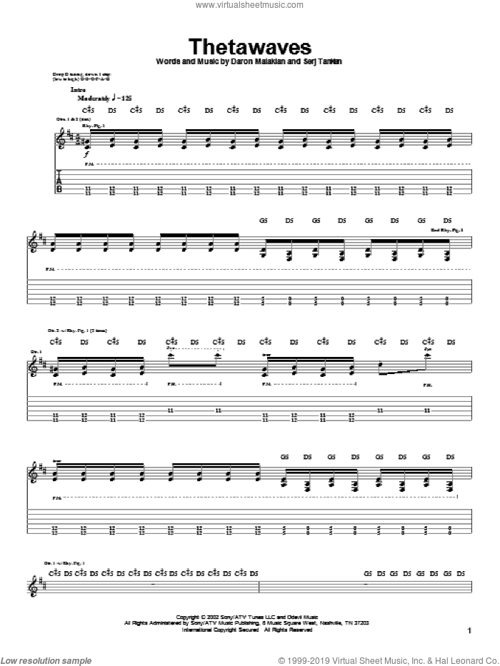 Thetawaves sheet music for guitar (tablature) by System Of A Down, Daron Malakian and Serj Tankian, intermediate skill level