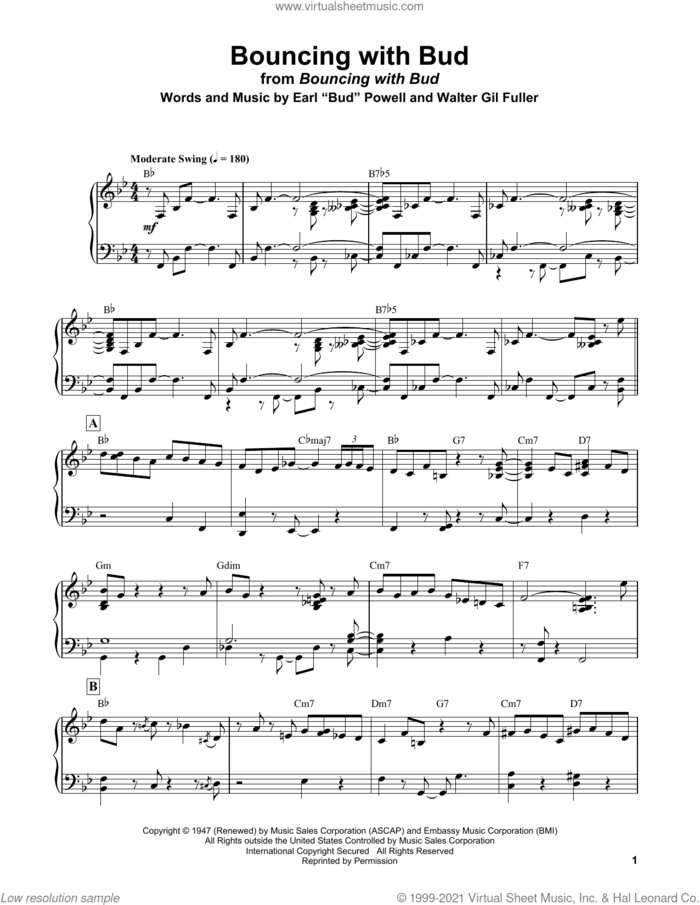 Bouncing With Bud sheet music for piano solo (transcription) by Bud Powell and Walter Gil Fuller, intermediate piano (transcription)