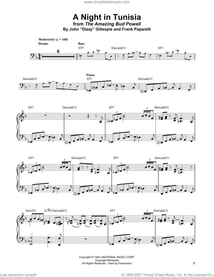 A Night In Tunisia sheet music for piano solo (transcription) by Bud Powell, Dizzy Gillespie and Frank Paparelli, intermediate piano (transcription)