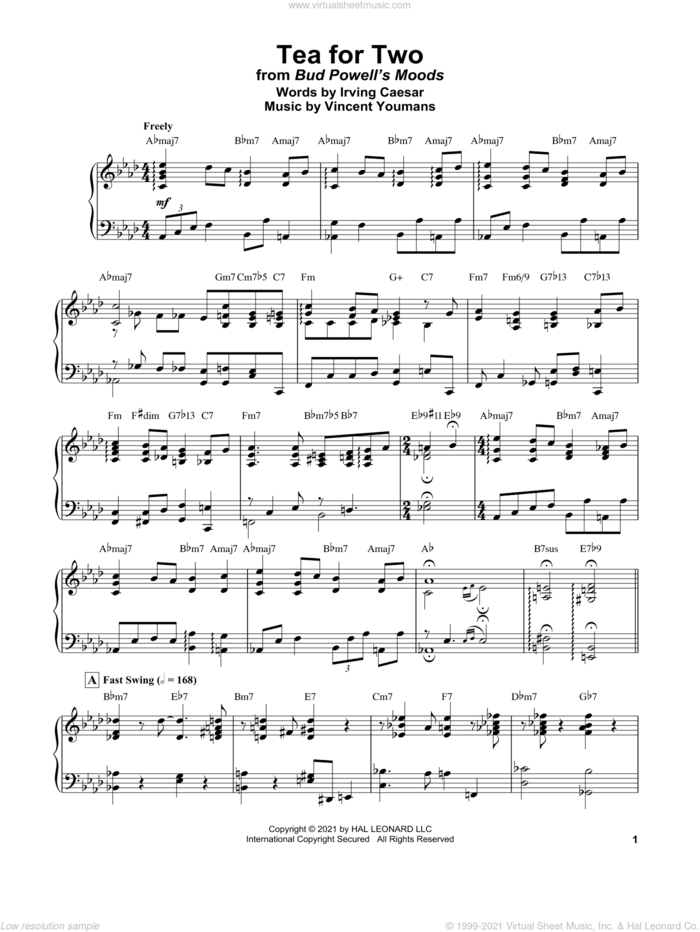 Tea For Two (from No, No, Nanette) sheet music for piano solo (transcription) by Bud Powell, Irving Caesar and Vincent Youmans, intermediate piano (transcription)