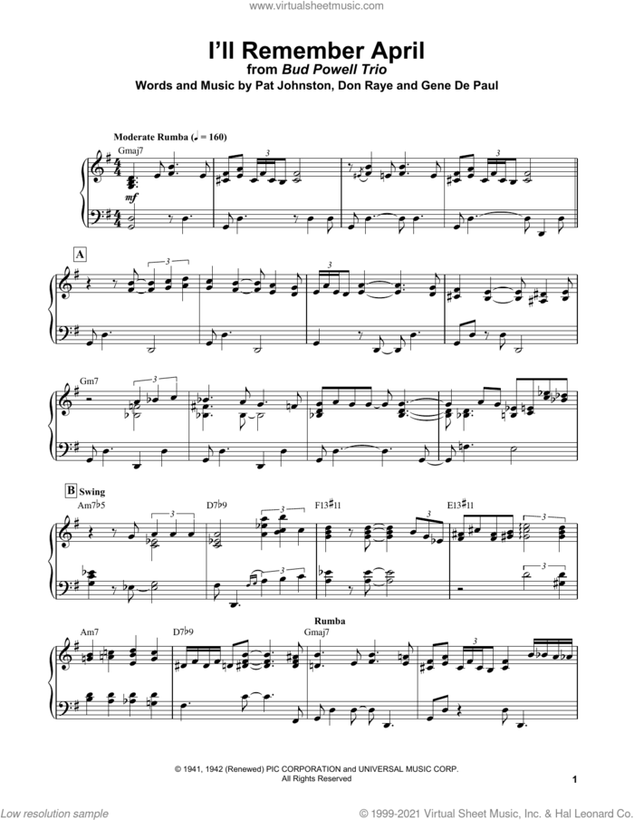 I'll Remember April sheet music for piano solo (transcription) by Bud Powell, Woody Herman & His Orchestra, Don Raye, Gene DePaul and Pat Johnston, intermediate piano (transcription)