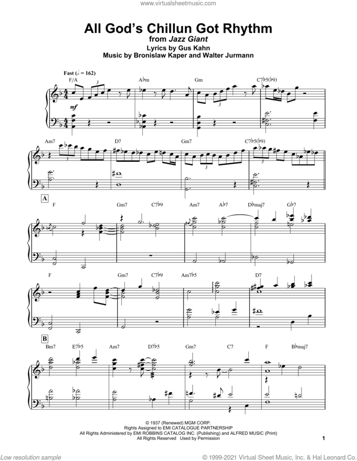 All God's Chillun Got Rhythm sheet music for piano solo (transcription) by Bud Powell, Bronislau Kaper, Gus Kahn and Walter Jurmann, intermediate piano (transcription)