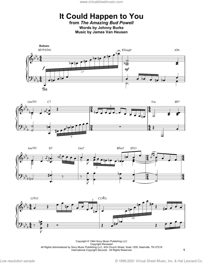 It Could Happen To You sheet music for piano solo (transcription) by Bud Powell, June Christy, Jimmy van Heusen and John Burke, intermediate piano (transcription)