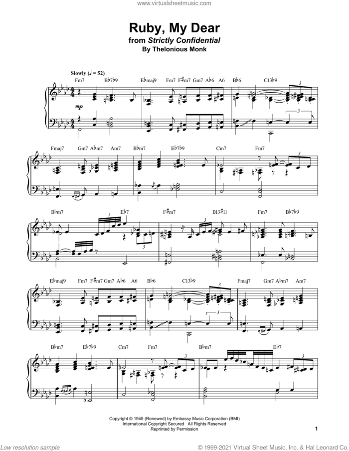Ruby, My Dear sheet music for piano solo (transcription) by Bud Powell and Thelonious Monk, intermediate piano (transcription)