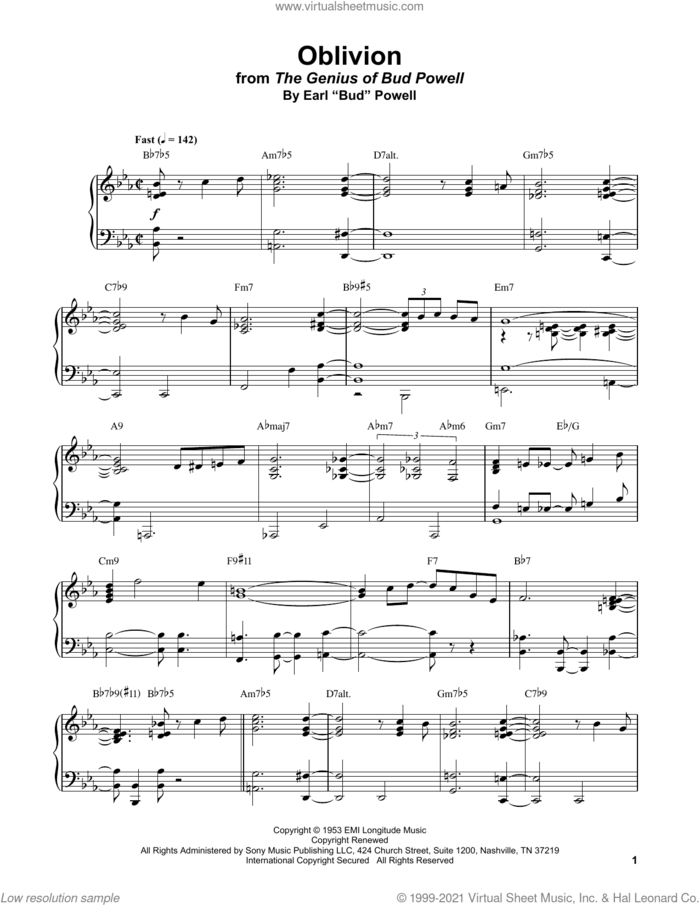Oblivion sheet music for piano solo (transcription) by Bud Powell, intermediate piano (transcription)