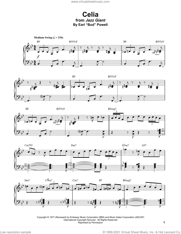 Celia sheet music for piano solo (transcription) by Bud Powell, intermediate piano (transcription)