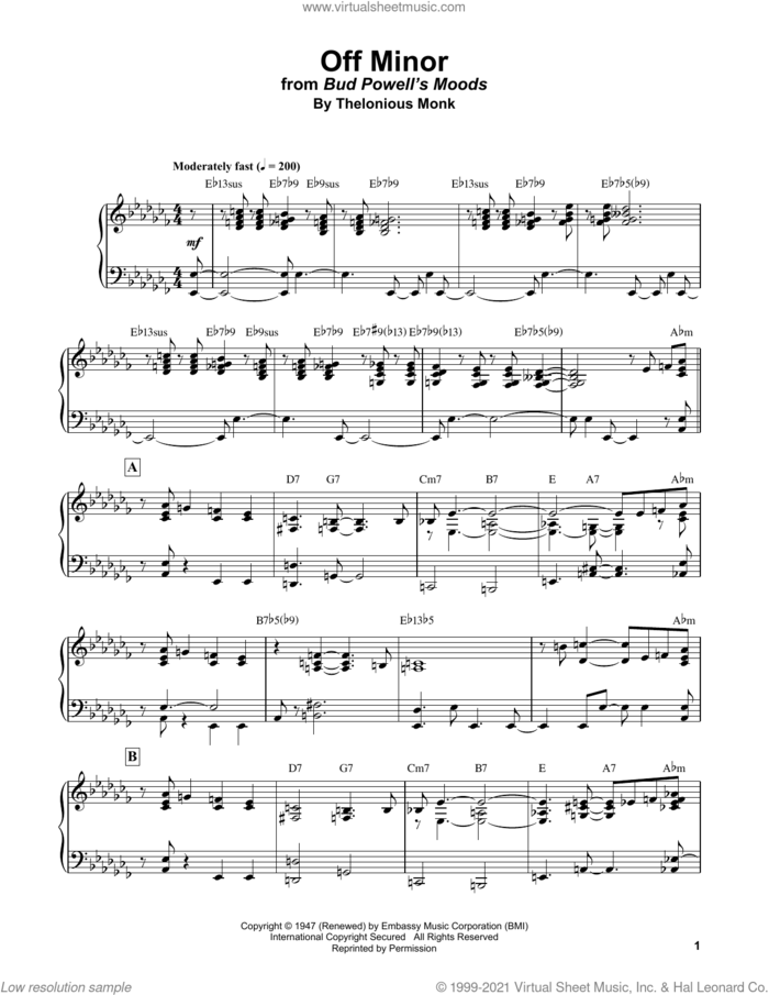 Off Minor sheet music for piano solo (transcription) by Bud Powell and Thelonious Monk, intermediate piano (transcription)