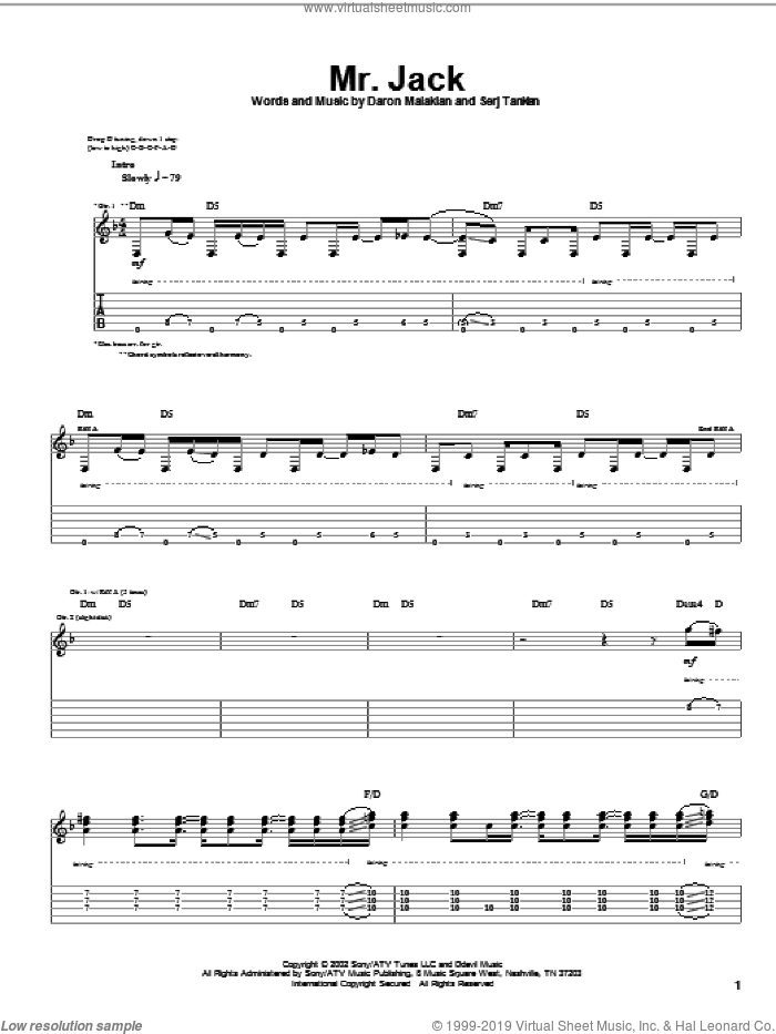 Mr. Jack sheet music for guitar (tablature) by System Of A Down, Daron Malakian and Serj Tankian, intermediate skill level