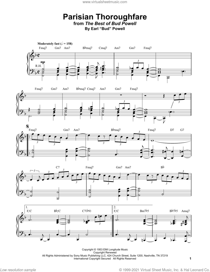 Parisian Thoroughfare sheet music for piano solo (transcription) by Bud Powell, intermediate piano (transcription)
