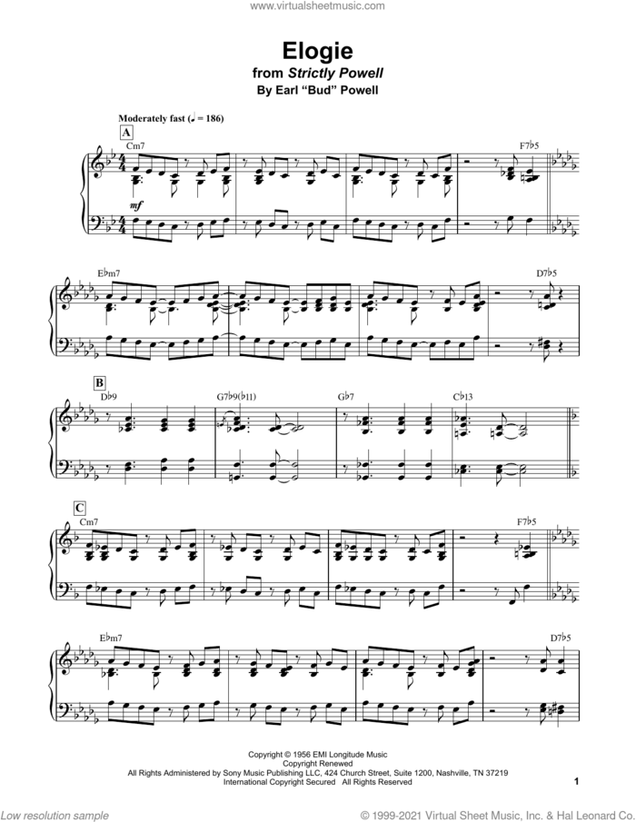 Elogie sheet music for piano solo (transcription) by Bud Powell, intermediate piano (transcription)