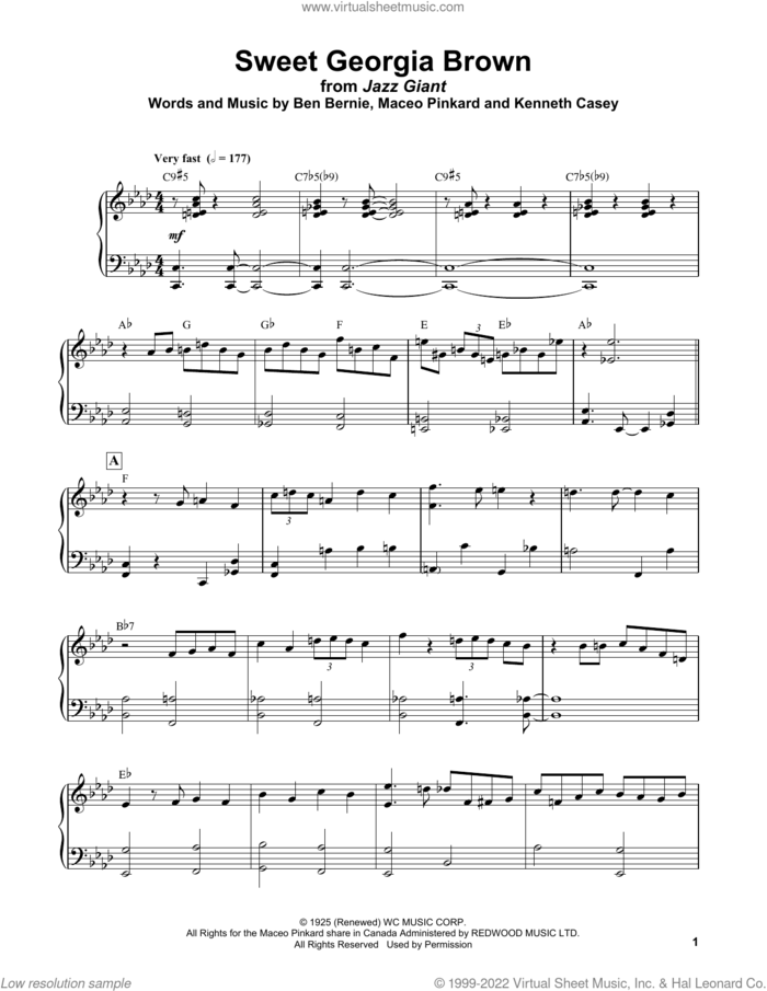Sweet Georgia Brown sheet music for piano solo (transcription) by Bud Powell, Count Basie, Ben Bernie, Kenneth Casey and Maceo Pinkard, intermediate piano (transcription)