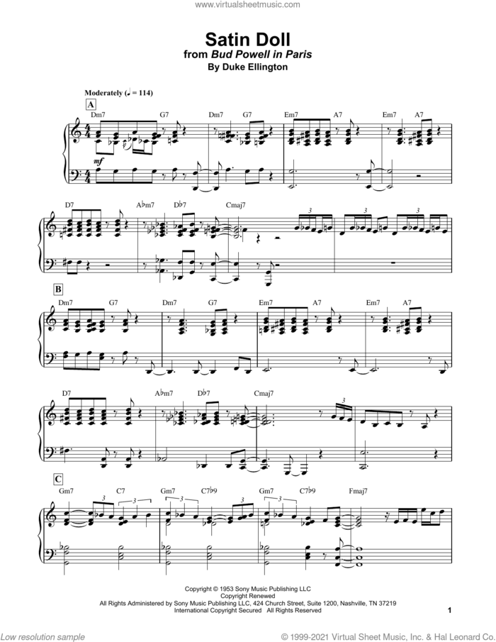 Satin Doll sheet music for piano solo (transcription) by Bud Powell, Billy Strayhorn, Duke Ellington and Johnny Mercer, intermediate piano (transcription)