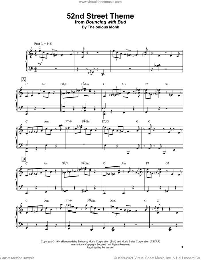 52nd Street Theme sheet music for piano solo (transcription) by Bud Powell and Thelonious Monk, intermediate piano (transcription)