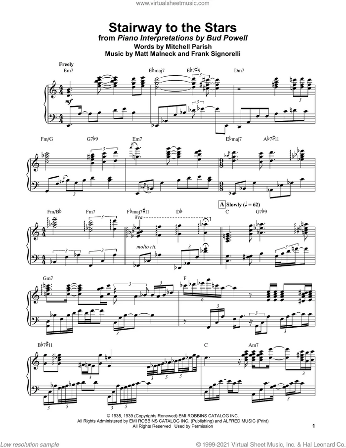 Stairway To The Stars sheet music for piano solo (transcription) by Bud Powell, Frank Signorelli, Matt Malneck and Mitchell Parish, intermediate piano (transcription)