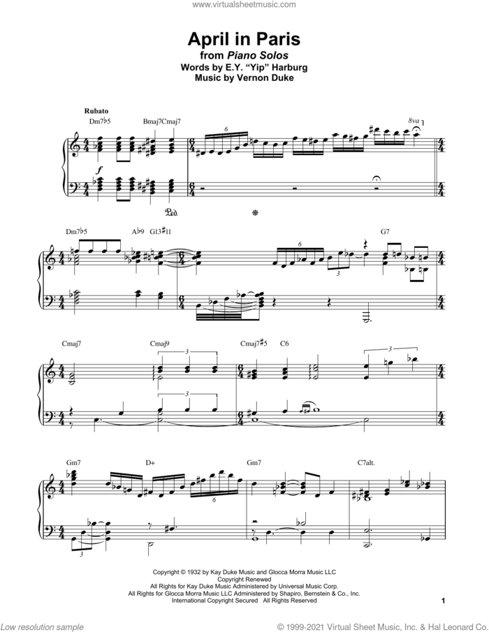April In Paris sheet music for piano solo (transcription) by Bud Powell, Coleman Hawkins, Count Basie, E.Y. Harburg and Vernon Duke, intermediate piano (transcription)